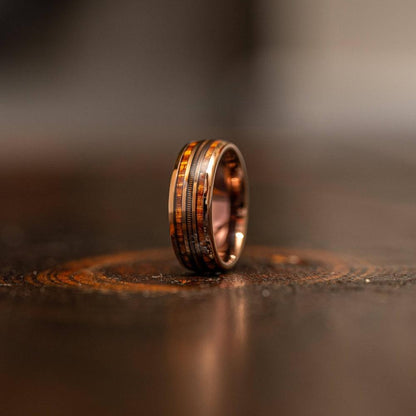"Dionysus"  Hawaiian Koa Wood x Guitar String Ring- Rose Gold Tungsten 6mm/8mm