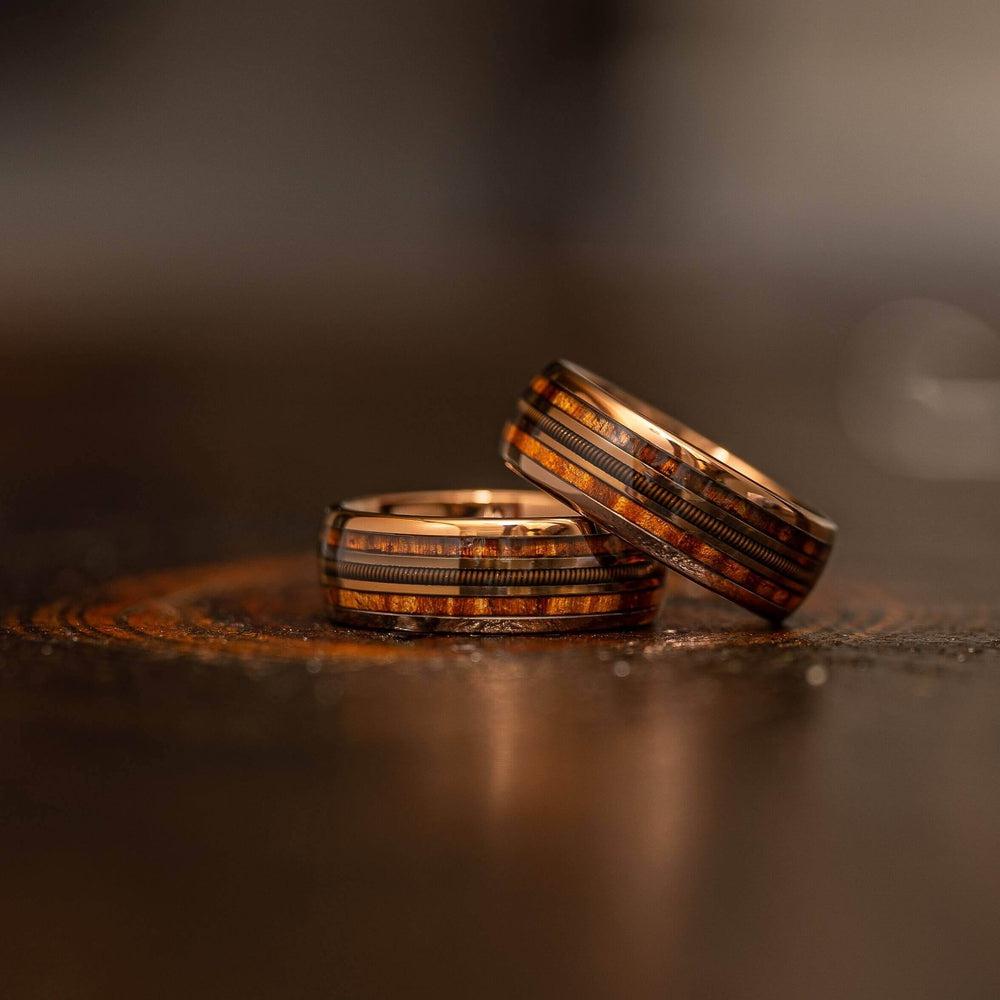 "Dionysus"  Hawaiian Koa Wood x Guitar String Ring- Rose Gold Tungsten 6mm/8mm