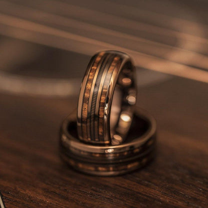 "Dionysus"  Hawaiian Koa Wood x Guitar String Ring- Rose Gold Tungsten 6mm/8mm