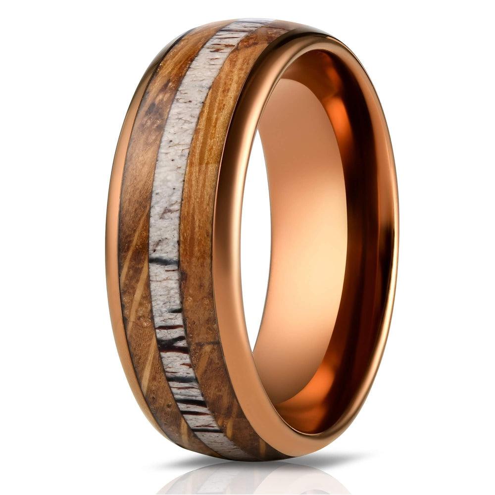 "Dionysus"  Whisky Barrel Wood x Antler Ring- Rose Gold Tungsten