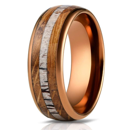 "Dionysus"  Whisky Barrel Wood x Antler Ring- Rose Gold Tungsten