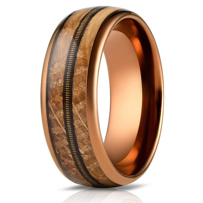 "Dionysus"  Whisky Barrel Wood x Guitar String Ring- Rose Gold Tungsten