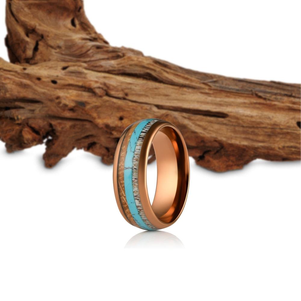 "Dionysus"  Whisky Barrel x Turquoise x Naturally Shed Antler Rose Gold Ring- Domed