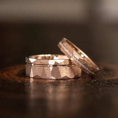 "Zeus" Womens Hammered Tungsten Carbide Ring- Rose Gold w/ Opal Inlay- 4mm