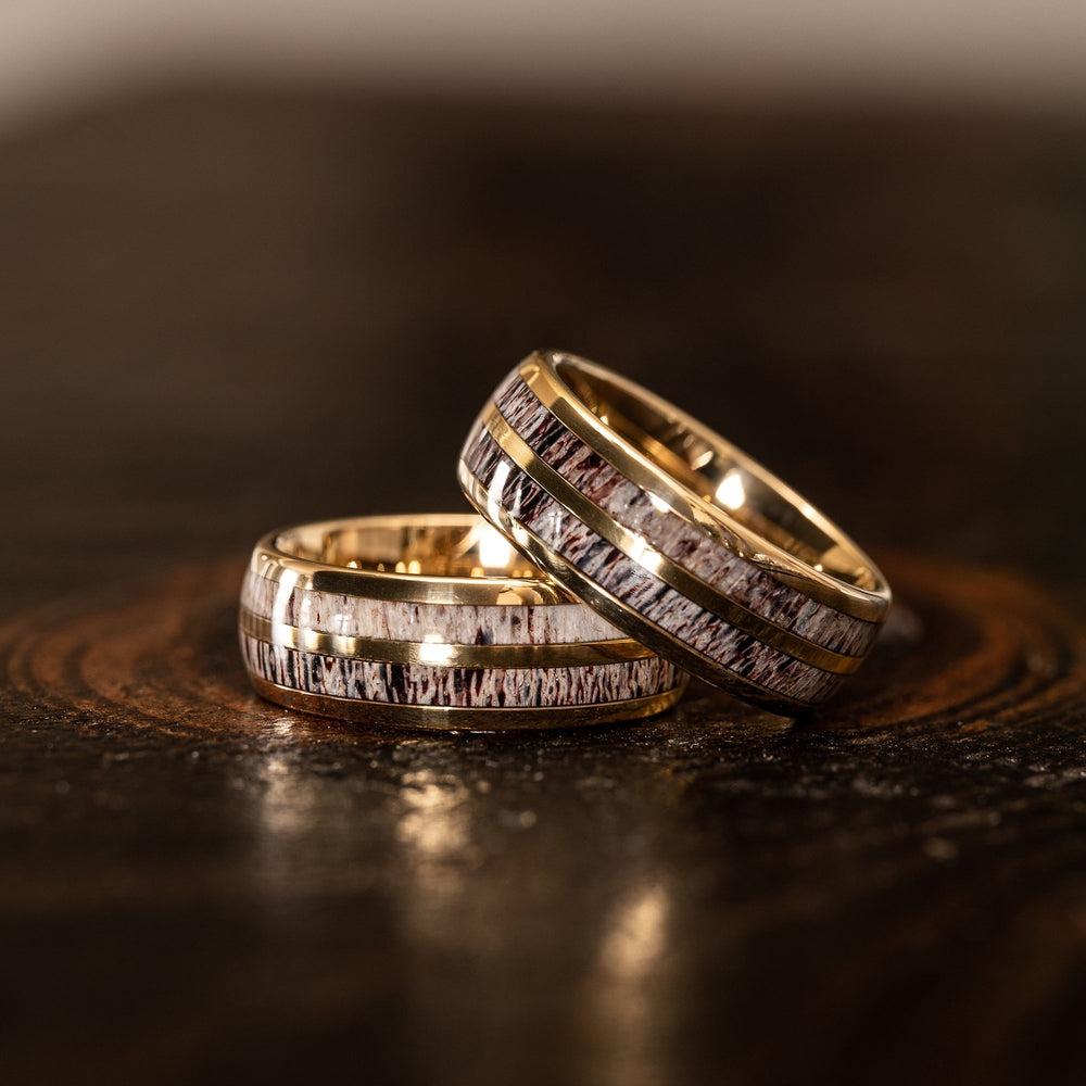 "Dionysus"  Double Barrel Naturally Shed Antler Yellow Gold Tungsten Ring- Domed