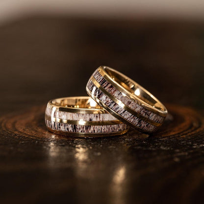 "Dionysus"  Double Barrel Naturally Shed Antler Yellow Gold Tungsten Ring- Domed
