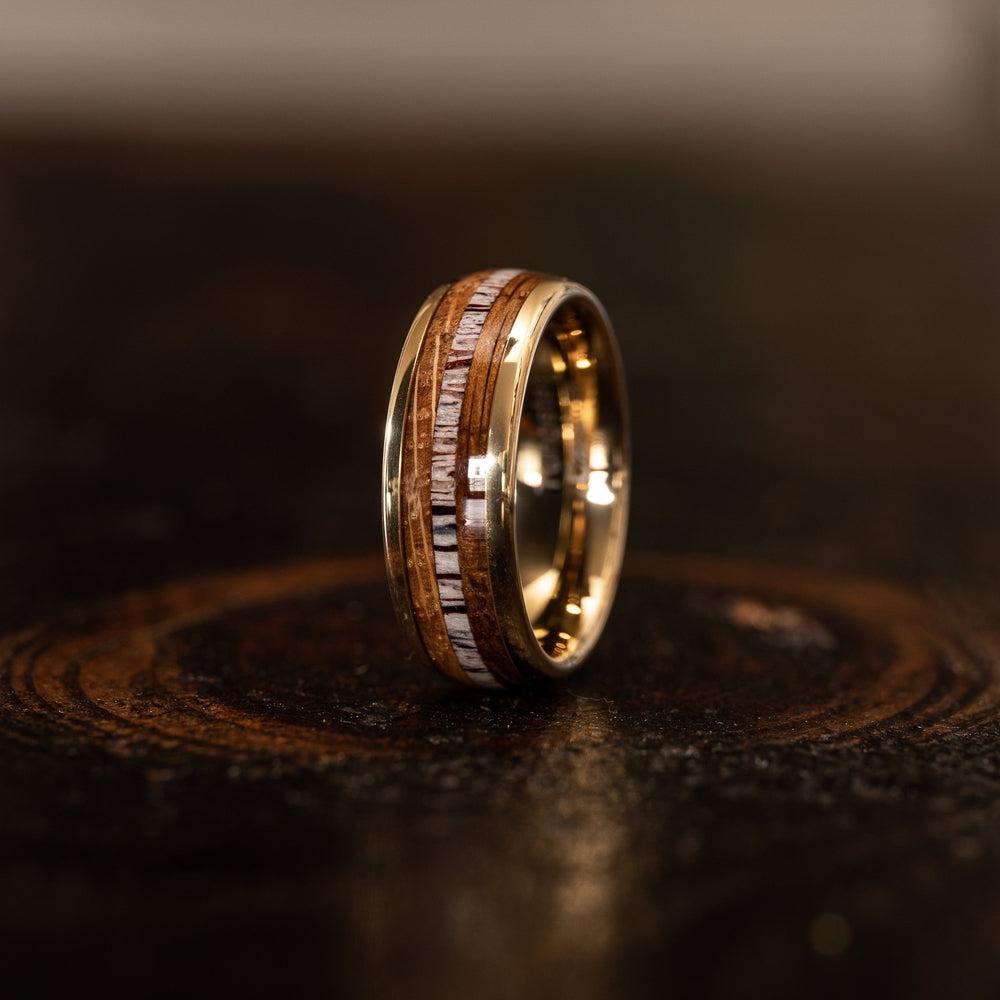 "Dionysus"  Whisky Barrel Wood x Antler Ring- Yellow Gold Tungsten