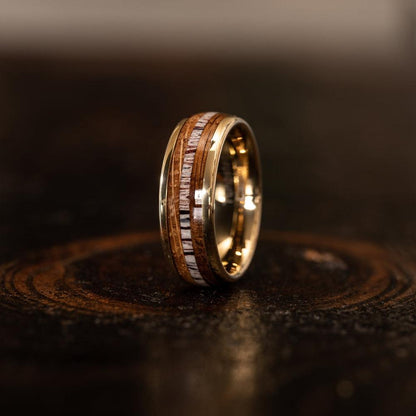 "Dionysus"  Whisky Barrel Wood x Antler Ring- Yellow Gold Tungsten