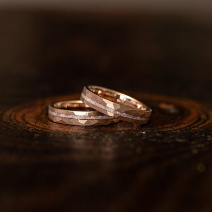 "Zeus" Womens Hammered Tungsten Carbide Ring- Rose Gold w/ Opal Inlay- 4mm