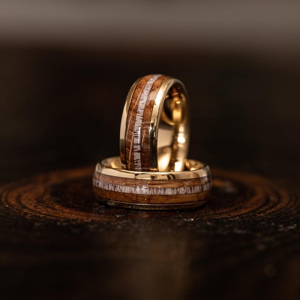 "Dionysus"  Whisky Barrel Wood x Antler Ring- Yellow Gold Tungsten