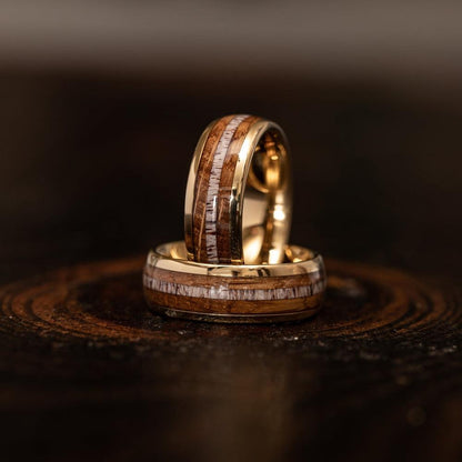 "Dionysus"  Whisky Barrel Wood x Antler Ring- Yellow Gold Tungsten