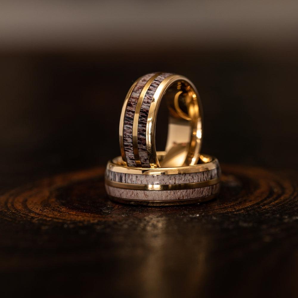 "Dionysus"  Double Barrel Naturally Shed Antler Yellow Gold Tungsten Ring- Domed