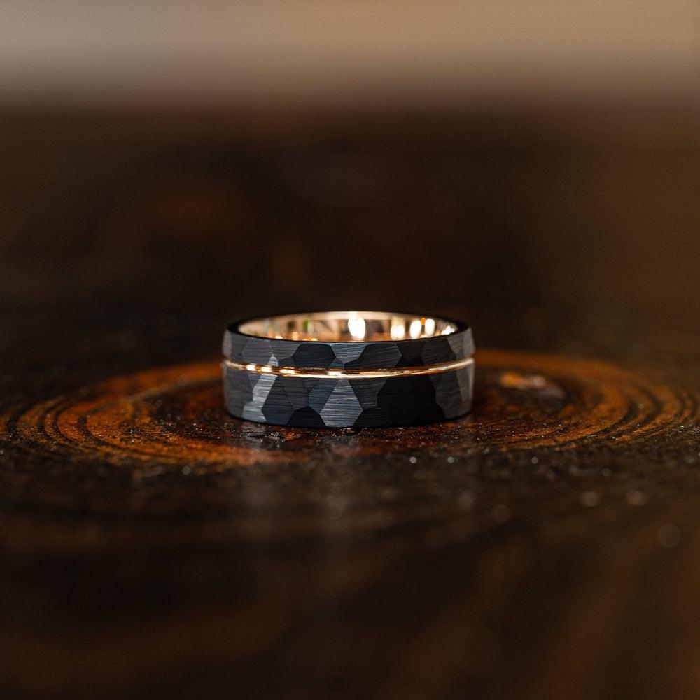 "Zeus" Hammered Tungsten Carbide Ring- Black w/ Rose Gold Strip- 6mm/8mm