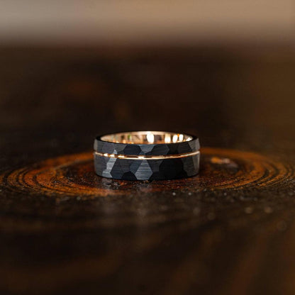 "Zeus" Hammered Tungsten Carbide Ring- Black w/ Rose Gold Strip- 6mm/8mm