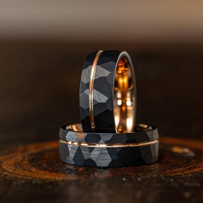 "Zeus" Hammered Tungsten Carbide Ring- Black w/ Rose Gold Strip- 6mm/8mm