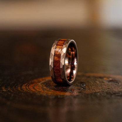 "Zeus" Hammered Tungsten Carbide Ring- Coffee with Hawaiian Koa Wood