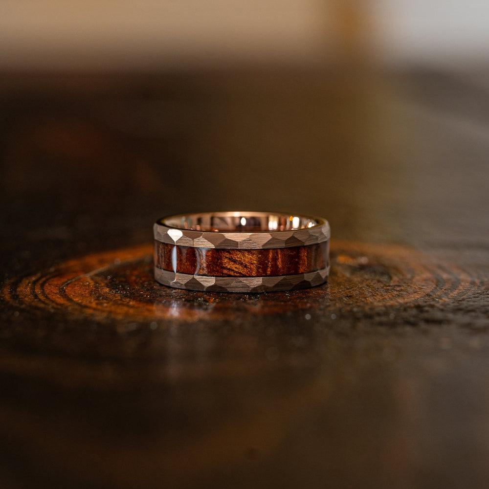 "Zeus" Hammered Tungsten Carbide Ring- Coffee with Hawaiian Koa Wood