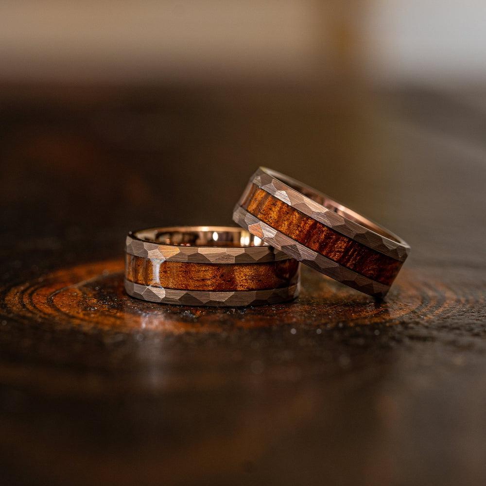 "Zeus" Hammered Tungsten Carbide Ring- Coffee with Hawaiian Koa Wood