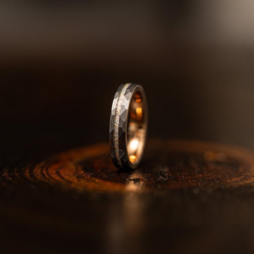 "Zeus" Womens Hammered Tungsten Carbide Ring- White Gold w/ Opal Inlay- 4mm