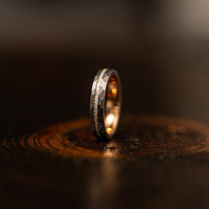 "Zeus" Womens Hammered Tungsten Carbide Ring- White Gold w/ Opal Inlay- 4mm