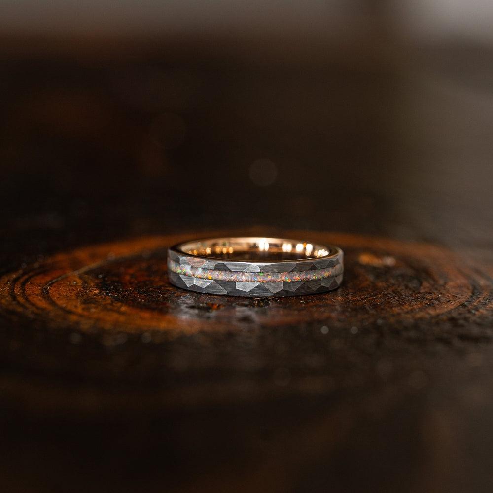 "Zeus" Womens Hammered Tungsten Carbide Ring- White Gold w/ Opal Inlay- 4mm
