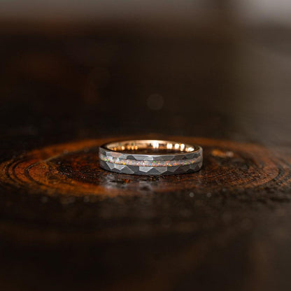 "Zeus" Womens Hammered Tungsten Carbide Ring- White Gold w/ Opal Inlay- 4mm