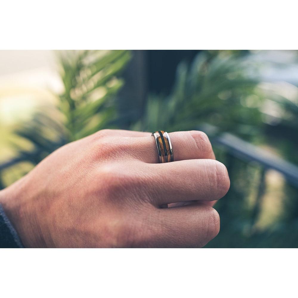"Dionysus"  Olive Wood Double Barrel Gunmetal Tungsten Ring