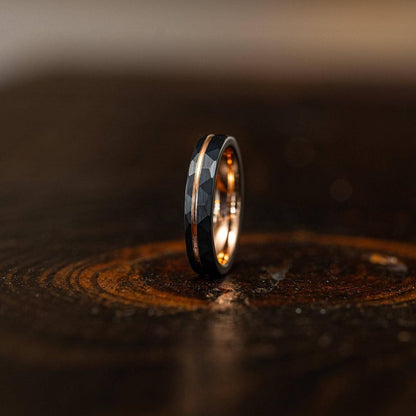 "Zeus" Womens Hammered Tungsten Carbide Ring- Black w/ Rose Gold Strip- 4mm