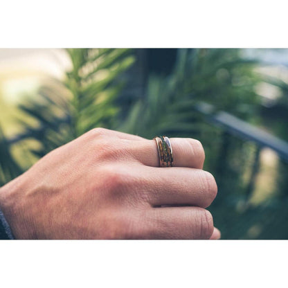 "Dionysus"  Hawaiian Koa Wood x Rasta Opal Rose Gold Tungsten Ring
