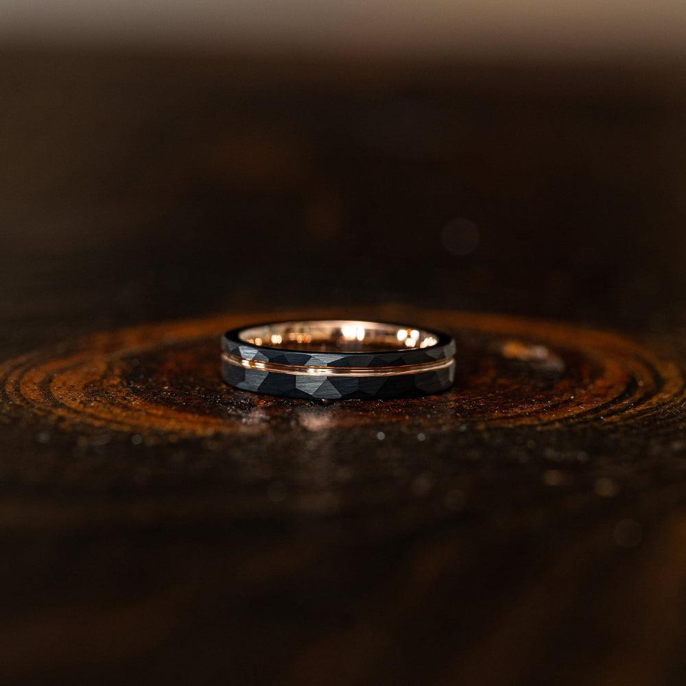 "Zeus" Womens Hammered Tungsten Carbide Ring- Black w/ Rose Gold Strip- 4mm