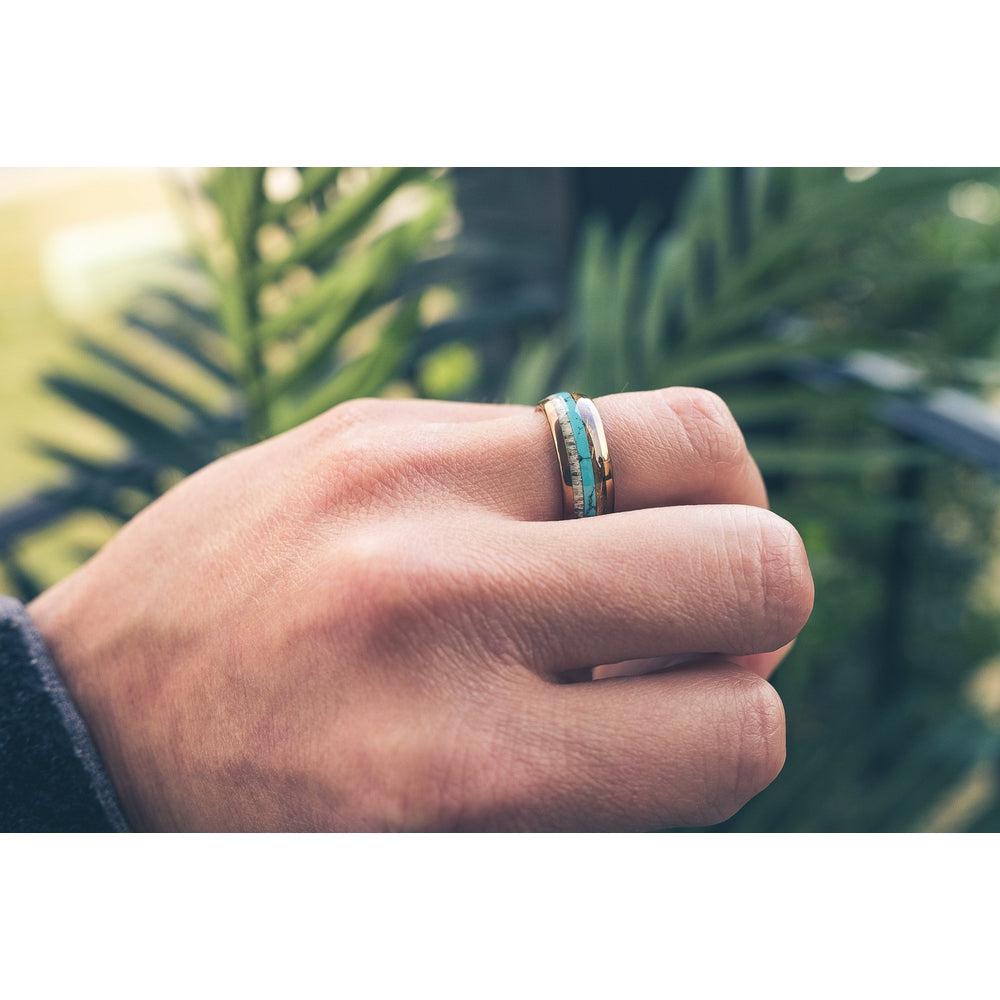 "Dionysus"  Whisky Barrel x Turquoise x Naturally Shed Antler Rose Gold Ring- Domed