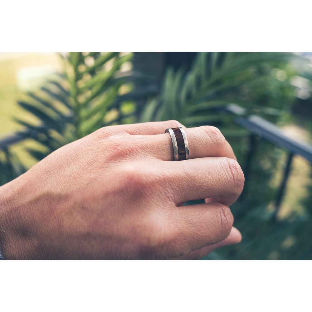 "Zeus" Hammered Tungsten Carbide Ring- Silver with Desert Ironwood