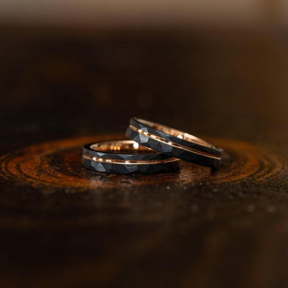 "Zeus" Womens Hammered Tungsten Carbide Ring- Black w/ Rose Gold Strip- 4mm