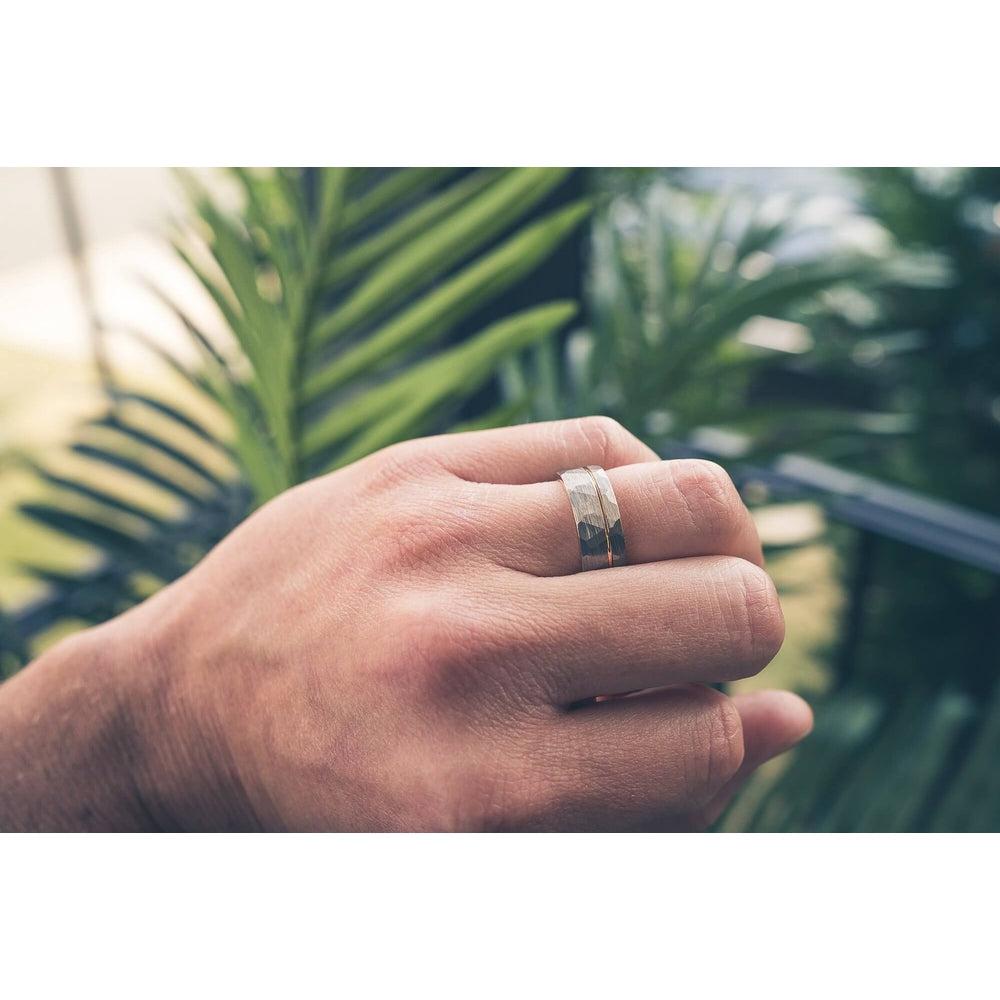 "Zeus" Hammered Tungsten Carbide Ring- White Gold w/ Rose Gold Strip- 6mm/8mm