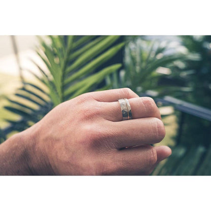 "Zeus" Hammered Tungsten Carbide Ring- White Gold w/ Rose Gold Strip- 6mm/8mm