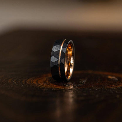 "Zeus" Hammered Tungsten Carbide Ring- Black w/ Rose Gold Strip- 6mm/8mm