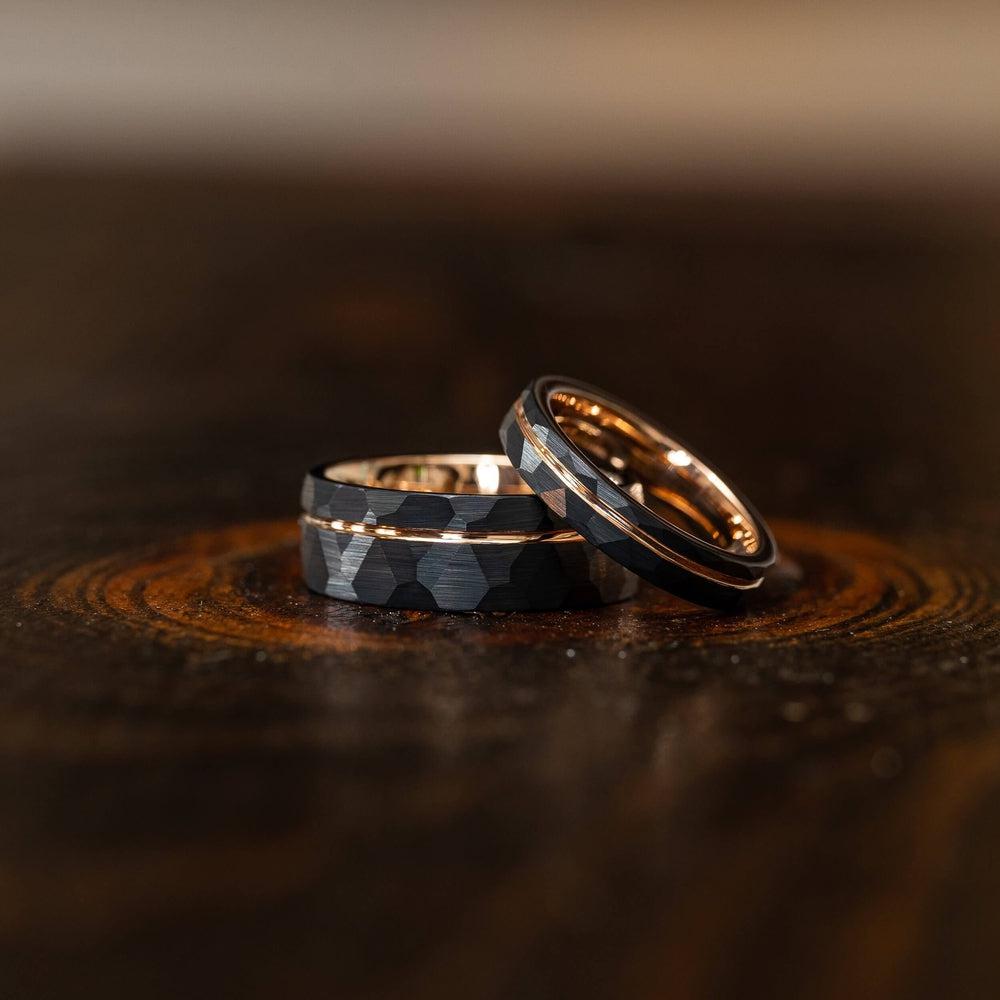 "Zeus" Hammered Tungsten Carbide Ring- Black w/ Rose Gold Strip- 6mm/8mm